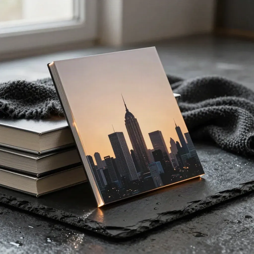 LED skyline print leaning on wet slate beside wool and steel in soft amber light.