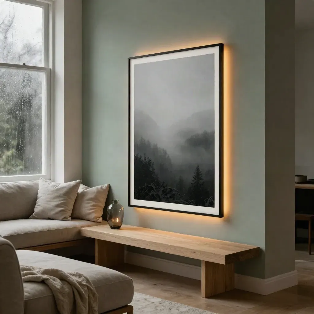 Glowing wall art above a pale oak bench with linen cushions and a travertine side table.