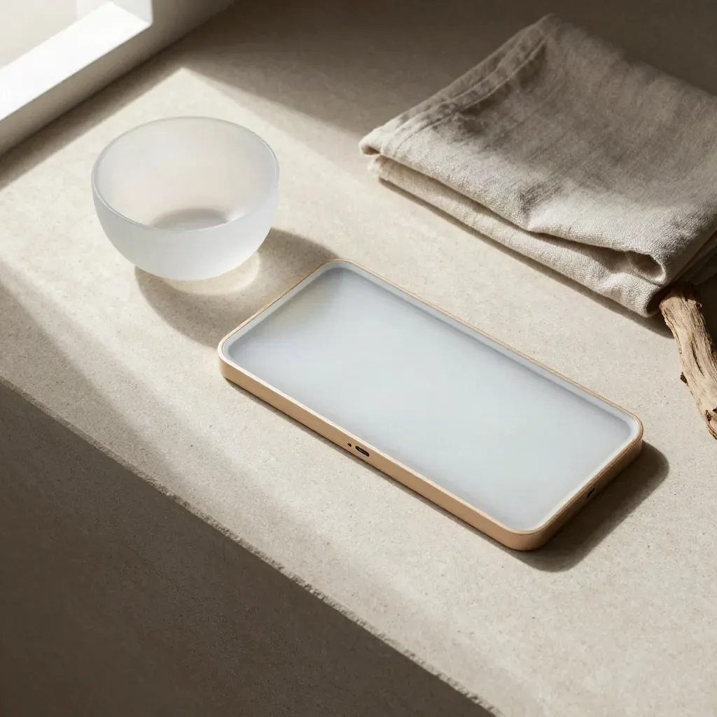 Top-down flatlay of a glowing light frame on pale stone with glass, linen, and driftwood.