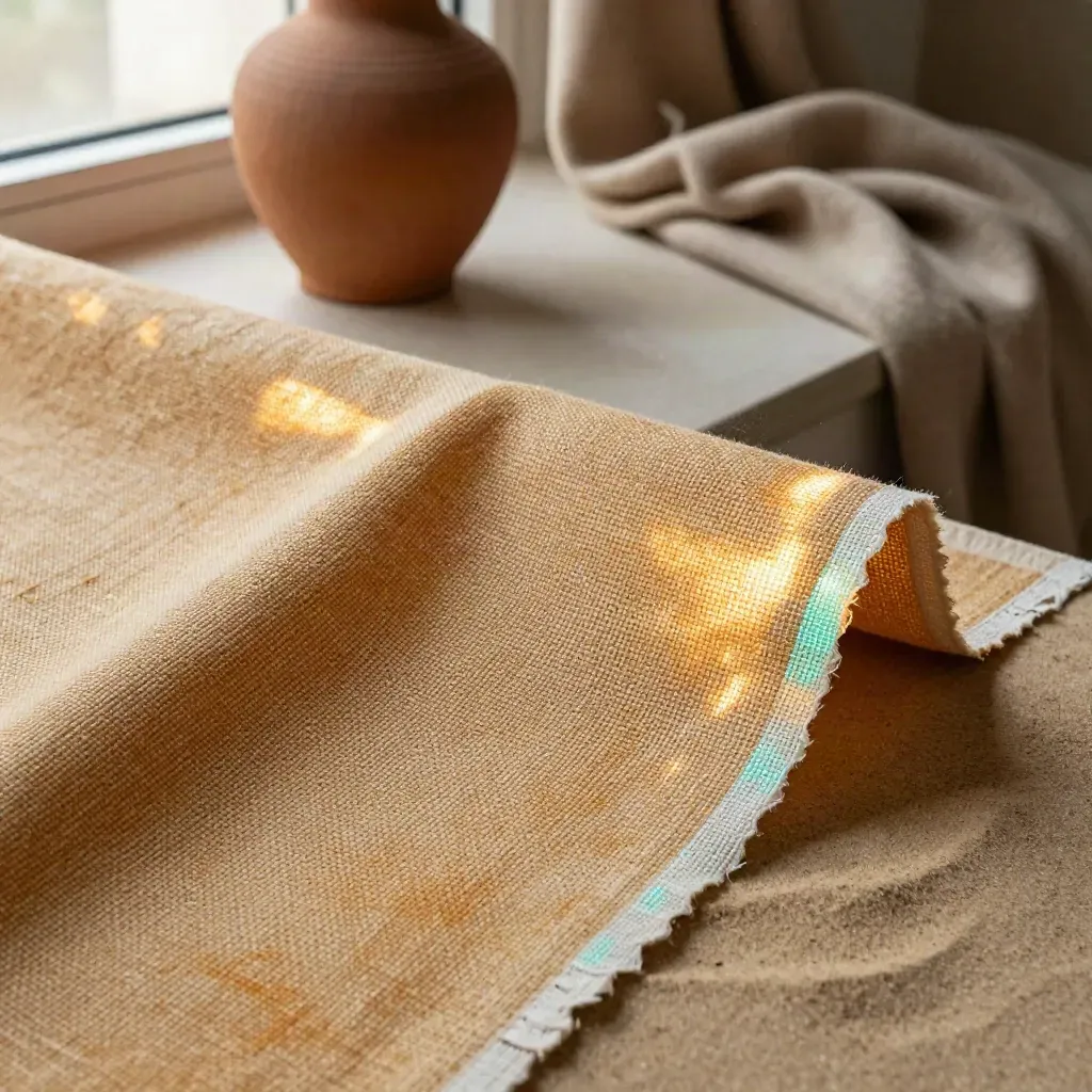 Macro of an amber illuminated canvas half over linen on a sand bench with clay vase and wool.