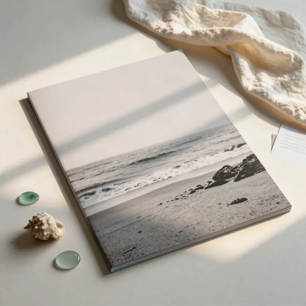 Overhead flatlay of an Ocean Line Art Panel with sea glass, shell form, and gauze on pale plaster.