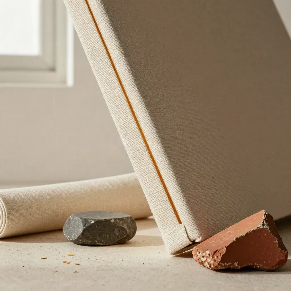 Macro canvas edge glowing beside linen roll, stone block, and terracotta fragment