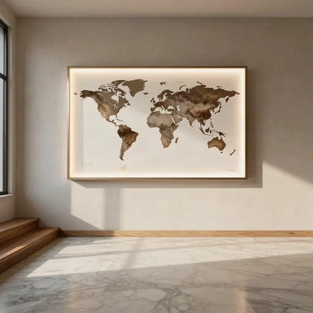 Sunlit marble landing with a small glowing LED art panel high on the wall